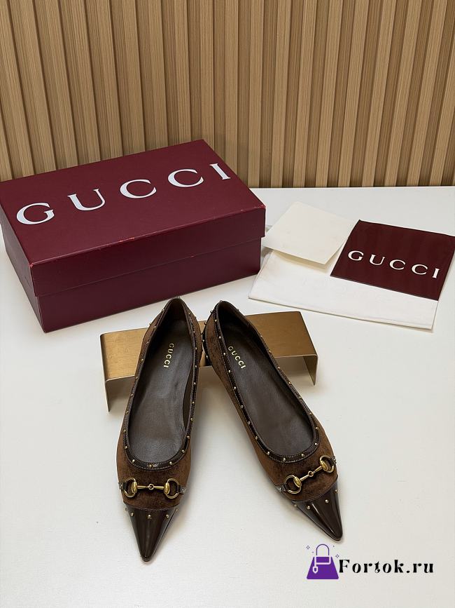 Fortok Gucci Horsebit Ballet Flats Pointed Toe Velvet Brown - 1
