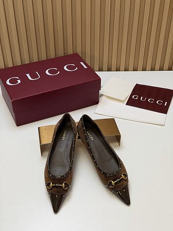 Fortok Gucci Horsebit Ballet Flats Pointed Toe Velvet Brown