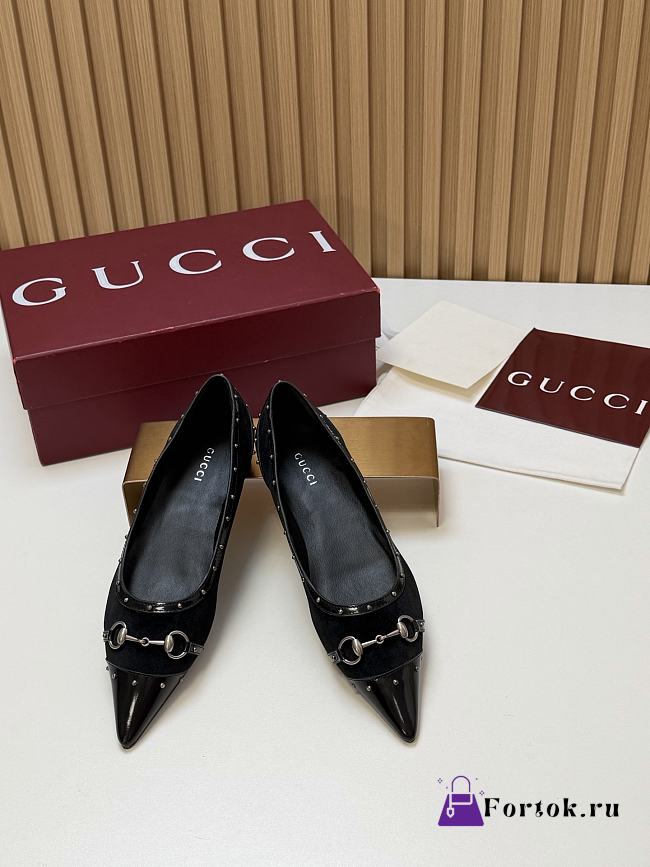 Fortok Gucci Horsebit Ballet Flats Pointed Toe Velvet Black - 1