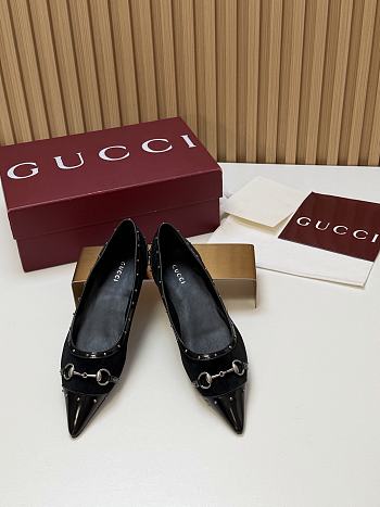 Fortok Gucci Horsebit Ballet Flats Pointed Toe Velvet Black