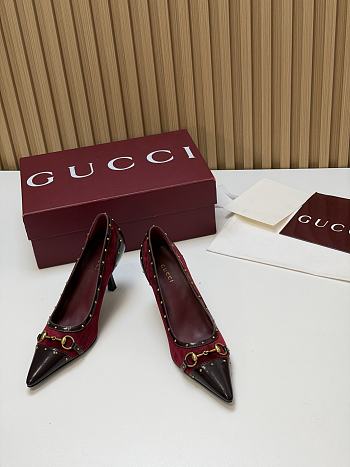 Fortok Gucci Horsebit Heels Pointed Toe Velvet Red 7.5cm