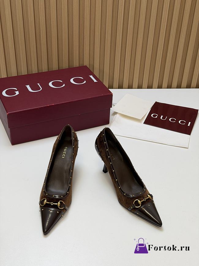 Fortok Gucci Horsebit Heels Pointed Toe Velvet Brown 7.5cm - 1