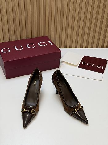 Fortok Gucci Horsebit Heels Pointed Toe Velvet Brown 7.5cm