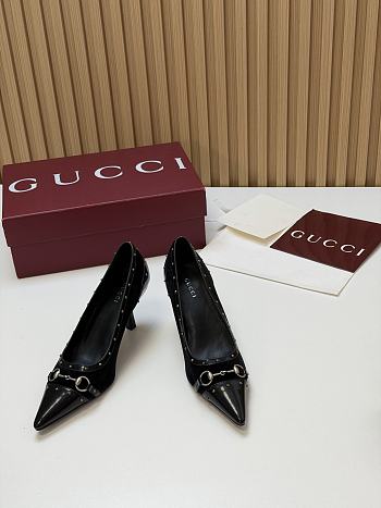 Fortok Gucci Horsebit Heels Pointed Toe Velvet Black 7.5cm