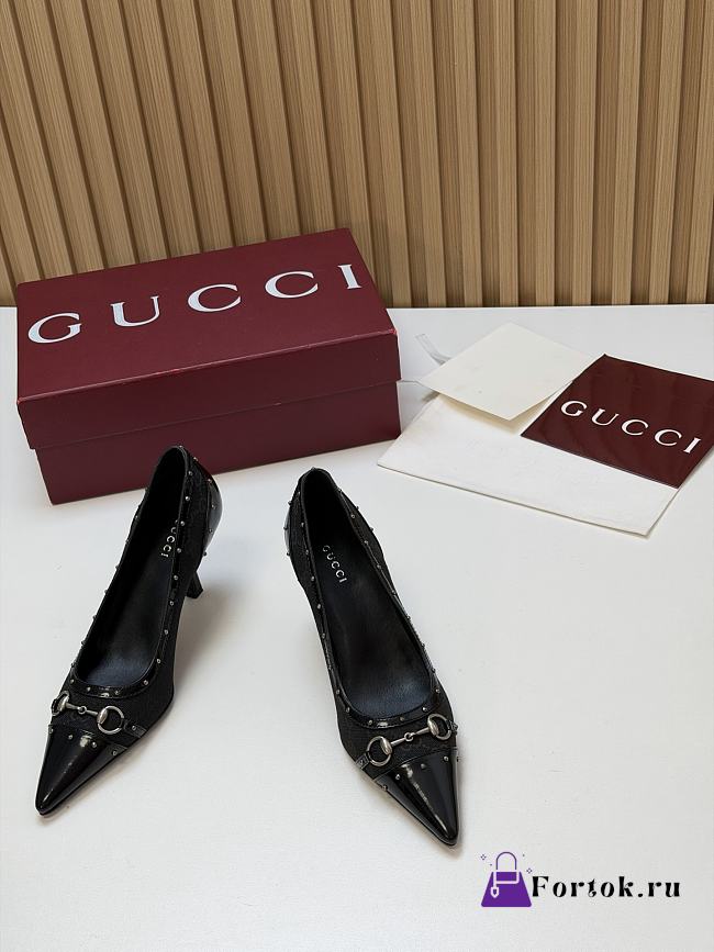 Fortok Gucci Horsebit Heels Pointed Toe Canvas GG Black 7.5cm - 1