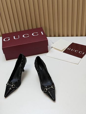 Fortok Gucci Horsebit Heels Pointed Toe Canvas GG Black 7.5cm