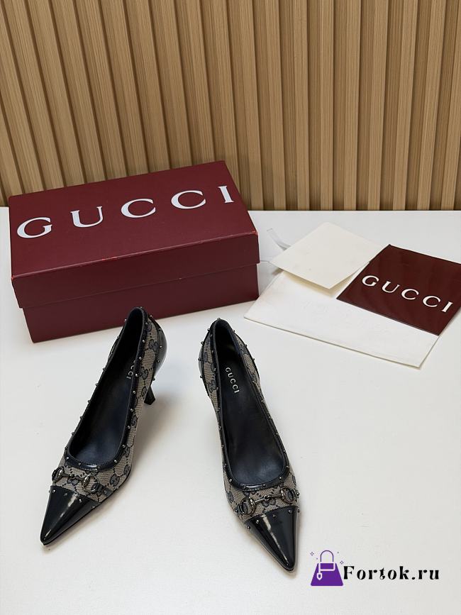 Fortok Gucci Horsebit Heels Pointed Toe Canvas GG 7.5cm - 1