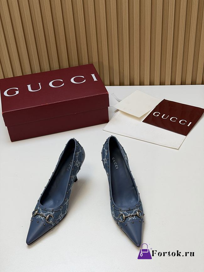 Fortok Gucci Horsebit Heels Pointed Toe Canvas GG Blue 7.5cm - 1