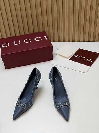 Fortok Gucci Horsebit Heels Pointed Toe Canvas GG Blue 7.5cm