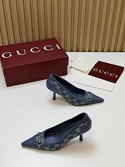 Fortok Gucci Horsebit Heels Pointed Toe Canvas GG Blue 7.5cm - 4
