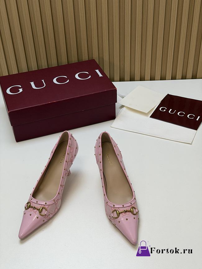 Fortok Gucci Horsebit Ballet Heels Pointed Toe Canvas GG Pink 7.5cm - 1
