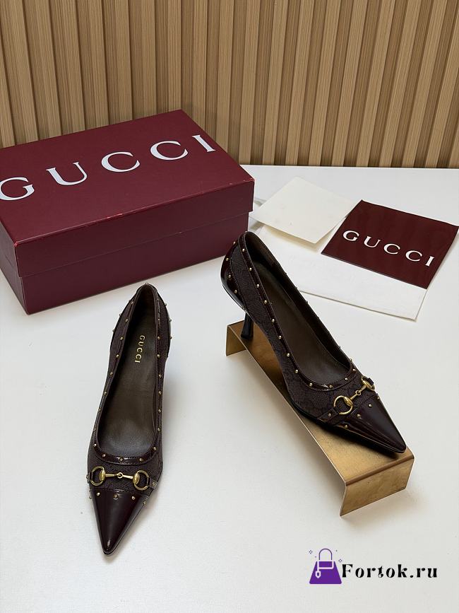 Fortok Gucci Horsebit Heels Pointed Toe Canvas GG Brown 7.5cm - 1
