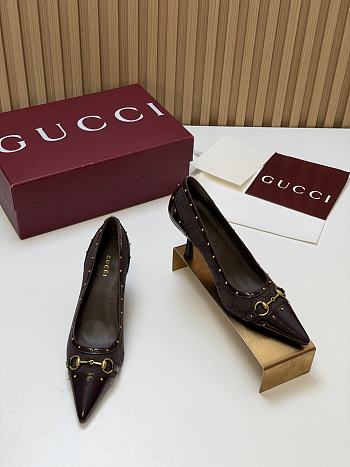 Fortok Gucci Horsebit Heels Pointed Toe Canvas GG Brown 7.5cm