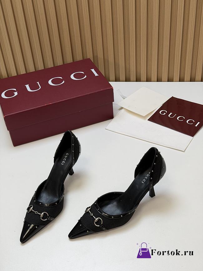 Fortok Gucci Savoy Pump Pink Horsebit d'Orsay Silhouette Canvas GG Black 7.5cm - 1