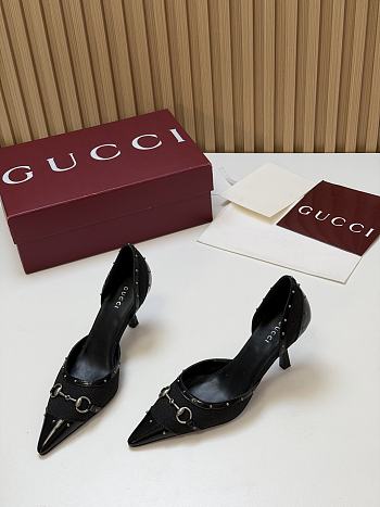 Fortok Gucci Savoy Pump Pink Horsebit d'Orsay Silhouette Canvas GG Black 7.5cm