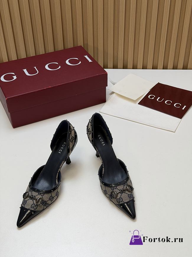 Fortok Gucci Savoy Pump Pink Horsebit d'Orsay Silhouette Canvas GG 7.5cm - 1