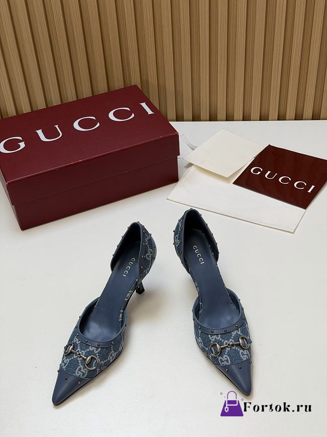 Fortok Gucci Savoy Pump Pink Horsebit d'Orsay Silhouette Canvas GG Blue 7.5cm - 1