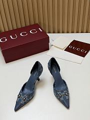 Fortok Gucci Savoy Pump Pink Horsebit d'Orsay Silhouette Canvas GG Blue 7.5cm - 1