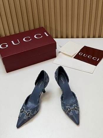 Fortok Gucci Savoy Pump Pink Horsebit d'Orsay Silhouette Canvas GG Blue 7.5cm