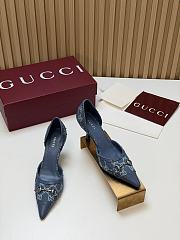 Fortok Gucci Savoy Pump Pink Horsebit d'Orsay Silhouette Canvas GG Blue 7.5cm - 3