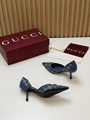 Fortok Gucci Savoy Pump Pink Horsebit d'Orsay Silhouette Canvas GG Blue 7.5cm - 2