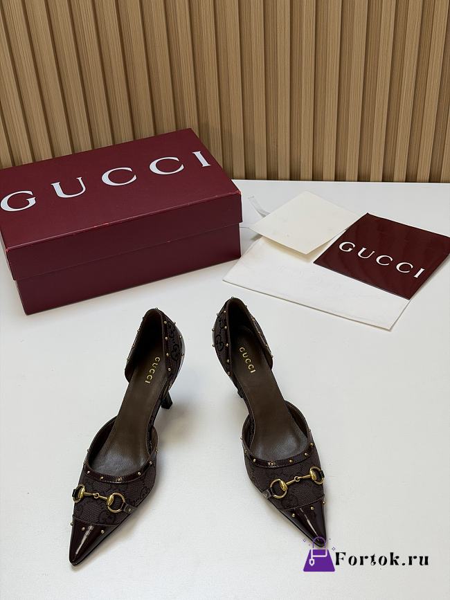 Fortok Gucci Savoy Pump Pink Horsebit d'Orsay Silhouette Canvas GG Brown 7.5cm - 1