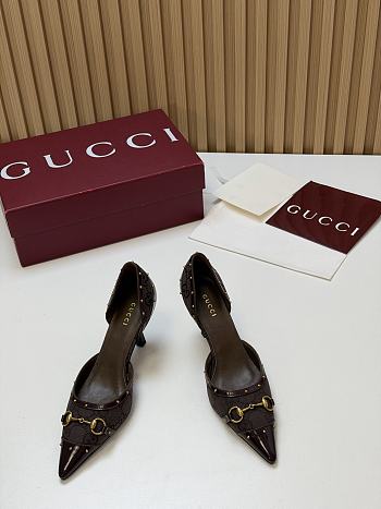 Fortok Gucci Savoy Pump Pink Horsebit d'Orsay Silhouette Canvas GG Brown 7.5cm