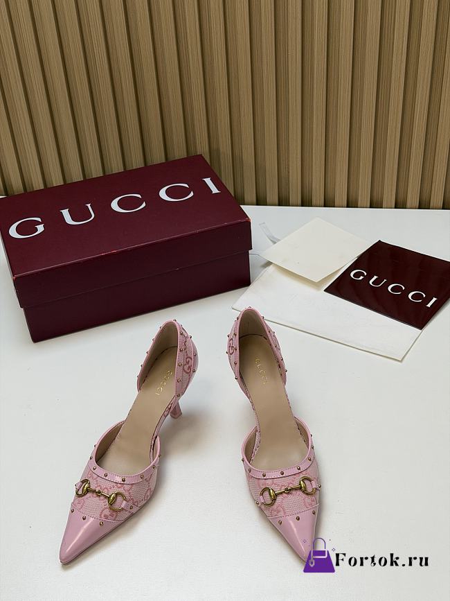 Fortok Gucci Savoy Pump Pink Horsebit d'Orsay Silhouette Canvas GG Pink 7.5cm - 1