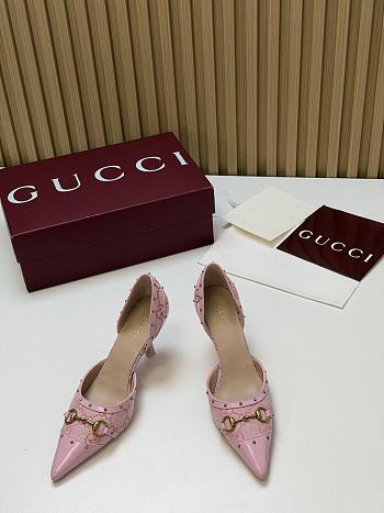 Fortok Gucci Savoy Pump Pink Horsebit d'Orsay Silhouette Canvas GG Pink 7.5cm