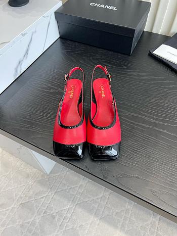 Fortok Chanel Slingback Pumps Red Suede Glossy Black Patent Leather Toe Cap 