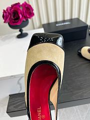 Fortok Chanel Slingback Pumps Beige Glossy Black Patent Leather Toe Cap - 5