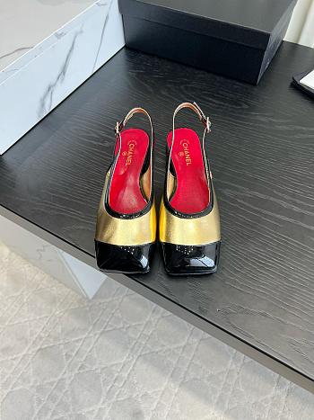 Fortok Chanel Slingback Pumps Metallic Gold Glossy Black Patent Leather Toe Cap
