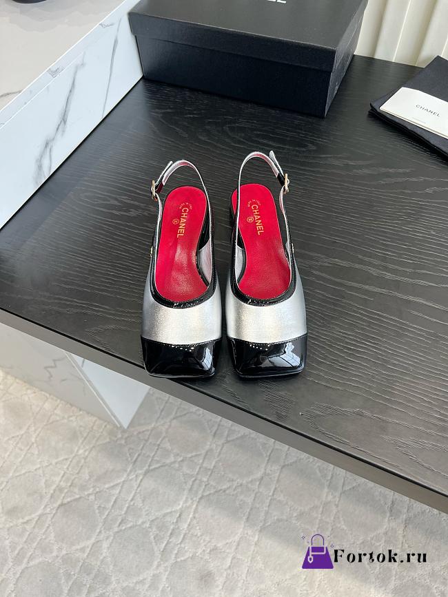 Fortok Chanel Slingback Pumps Metallic Silver Glossy Black Patent Leather Toe Cap - 1