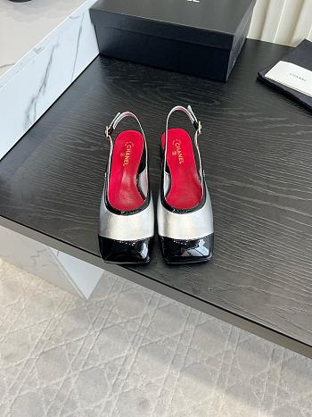 Fortok Chanel Slingback Pumps Metallic Silver Glossy Black Patent Leather Toe Cap