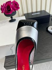 Fortok Chanel Slingback Pumps Metallic Silver Glossy Black Patent Leather Toe Cap - 6