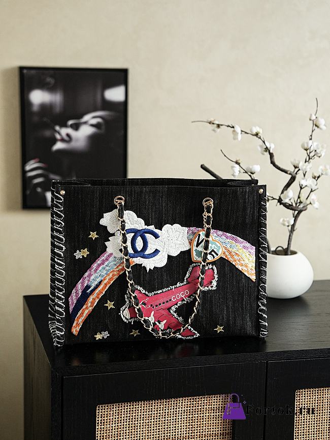 Fortok Chanel Denim Embroidered Airplane Night Flight Tote Black 30x40cm - 1