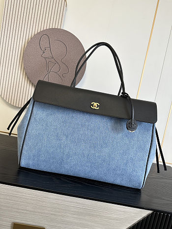 Fortok Chanel Urban Essential Shopping Bag Blue Denim 33×43×17.5cm