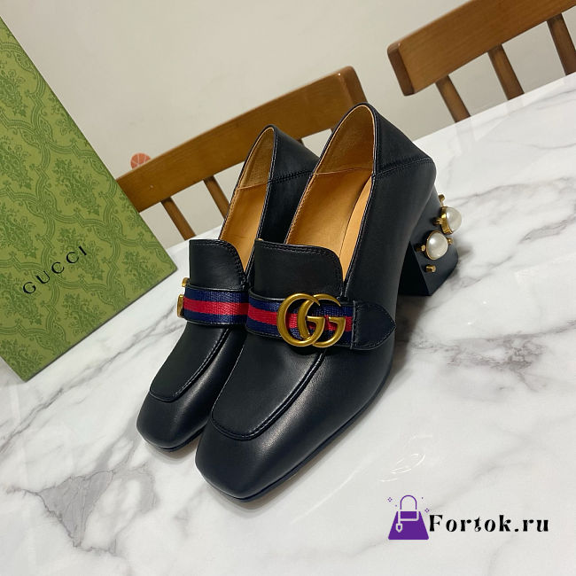 Fortok Gucci GG Marmont Web Pearl Loafer Pumps Black 7.5cm - 1