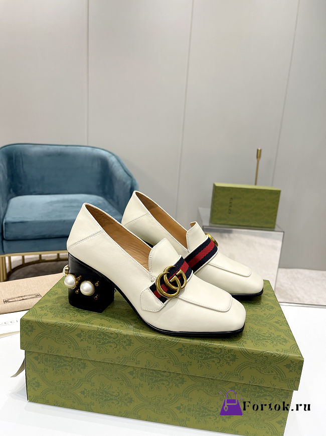 Fortok Gucci GG Marmont Web Pearl Loafer Pumps White 7.5cm - 1