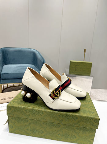 Fortok Gucci GG Marmont Web Pearl Loafer Pumps White 7.5cm