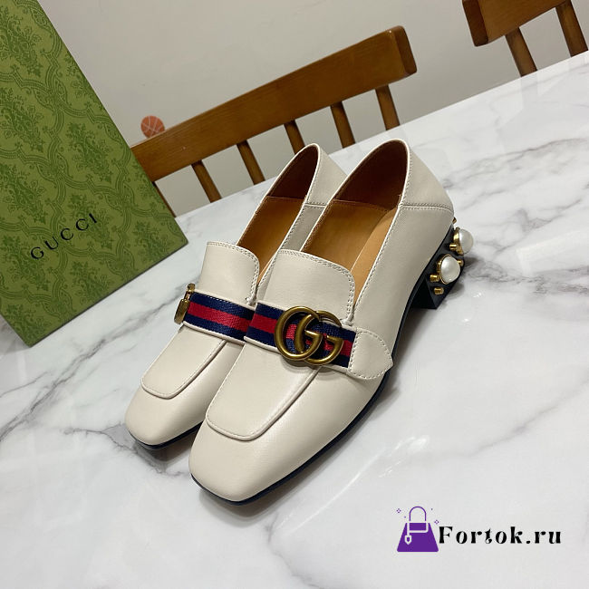 Fortok Gucci GG Marmont Web Pearl Loafer Pumps White 3.5cm - 1