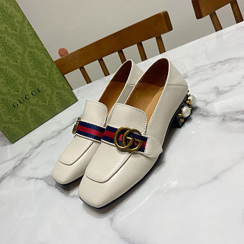 Fortok Gucci GG Marmont Web Pearl Loafer Pumps White 3.5cm