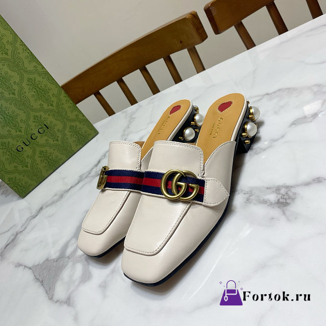 Fortok Gucci GG Marmont Web Pearl Mules Pumps White 3.5cm - 1