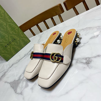 Fortok Gucci GG Marmont Web Pearl Mules Pumps White 3.5cm