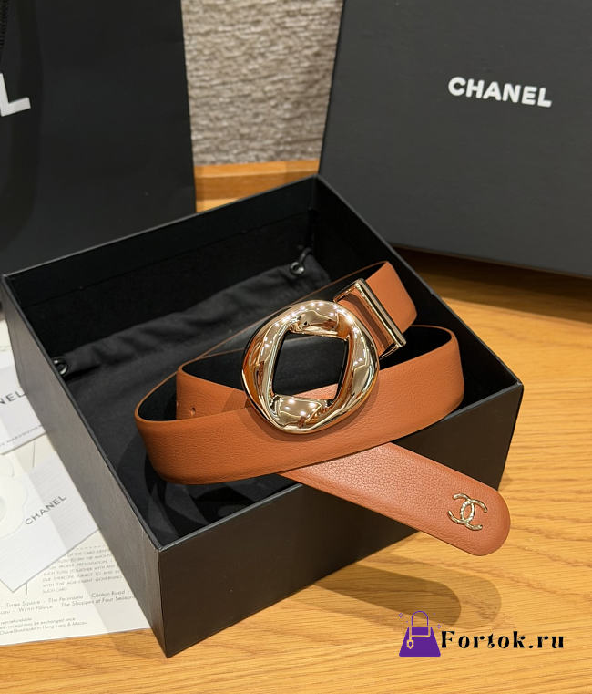 Fortok Chanel Leather Belt Cognac Brown/Light Gold - 1