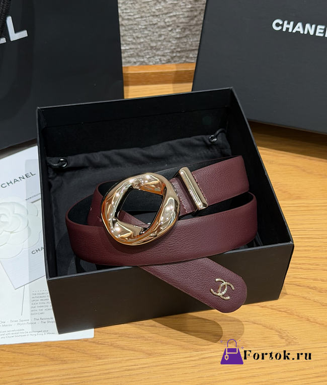 Fortok Chanel Leather Belt Burgundy/Light Gold - 1