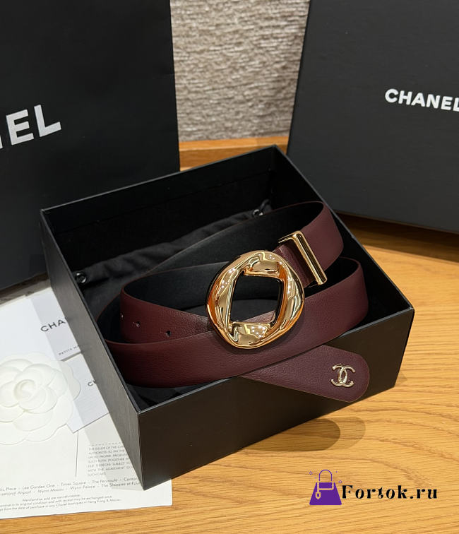 Fortok Chanel Leather Belt Burgundy/Gold - 1