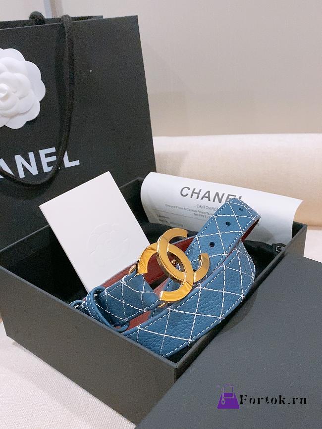 Fortok Chanel Quilted Calfskin & Gold-Tone Metal Leather Belt Blue - 1