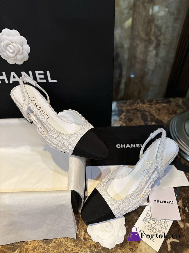Fortok Chanel Tweed Slingback Shoes White - 1