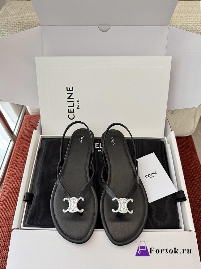 Fortok Celine Bay Triomphe Thong Sandals Black Calfskin - 1